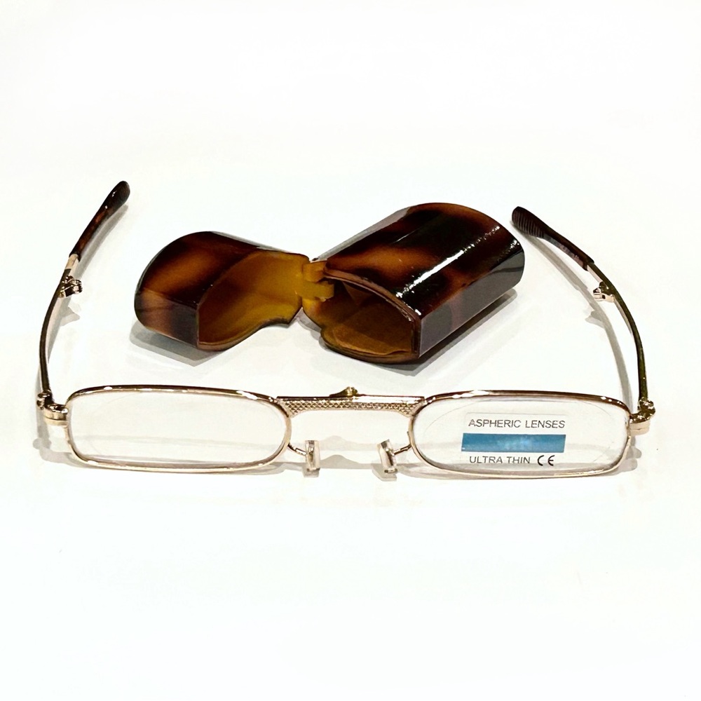 Reading Glasses Compact Folding Unisex Gold Metal Tone Tortoise Shell Ca…